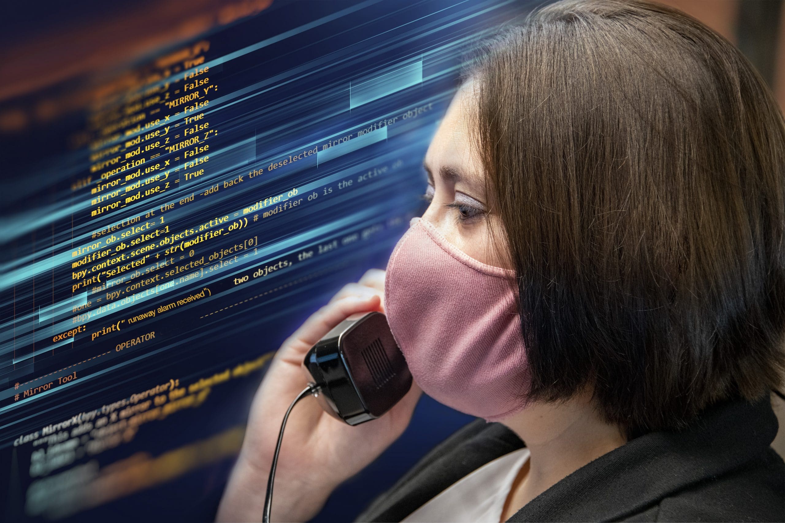 Woman with mask talking of phone surrounded by digital information.