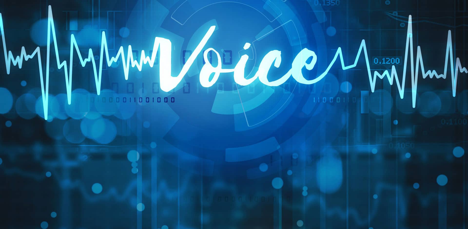 Voice heartbeat line in front of blue background with digital numbers.