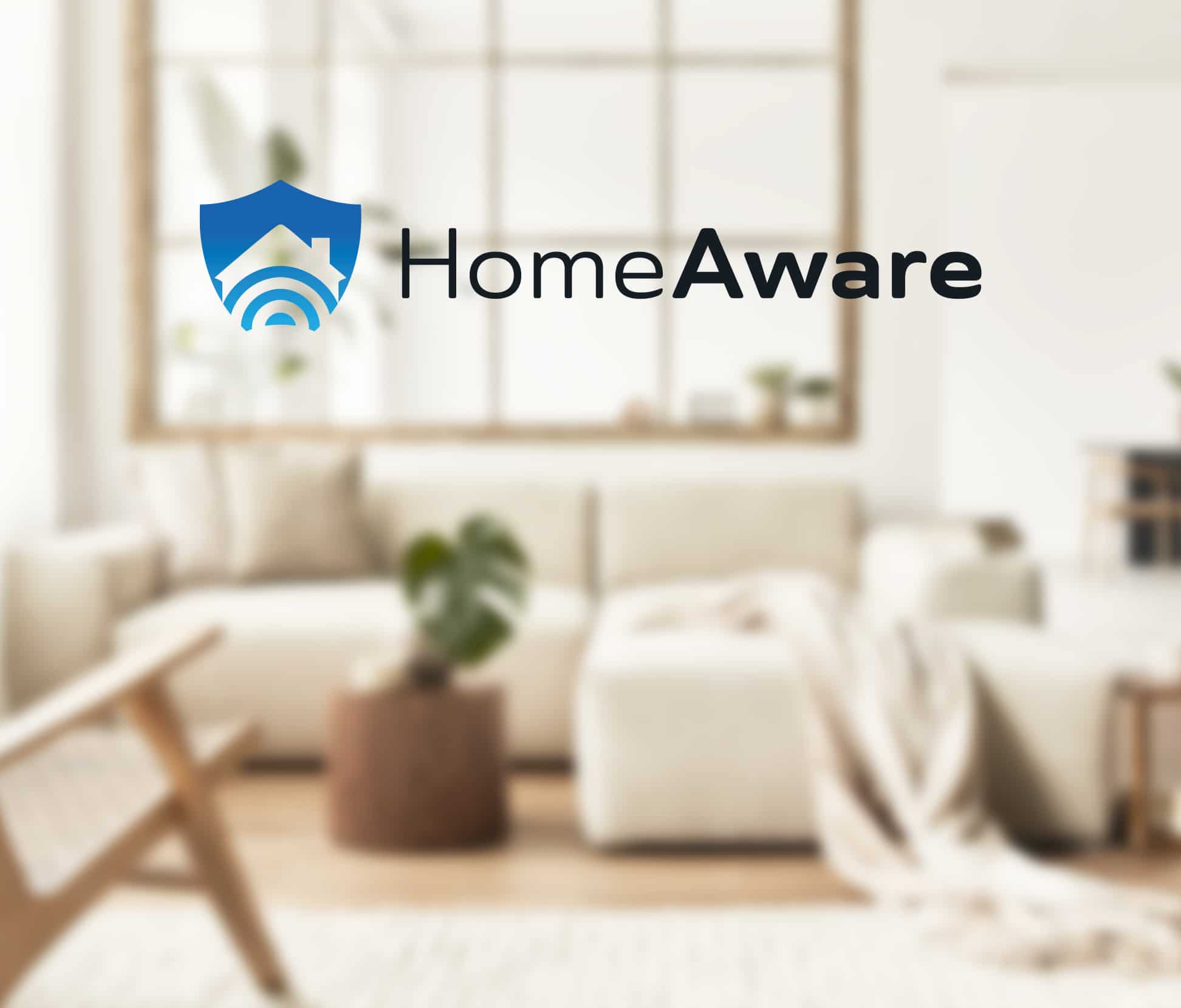 An image of a living room with the words "Home Aware"
