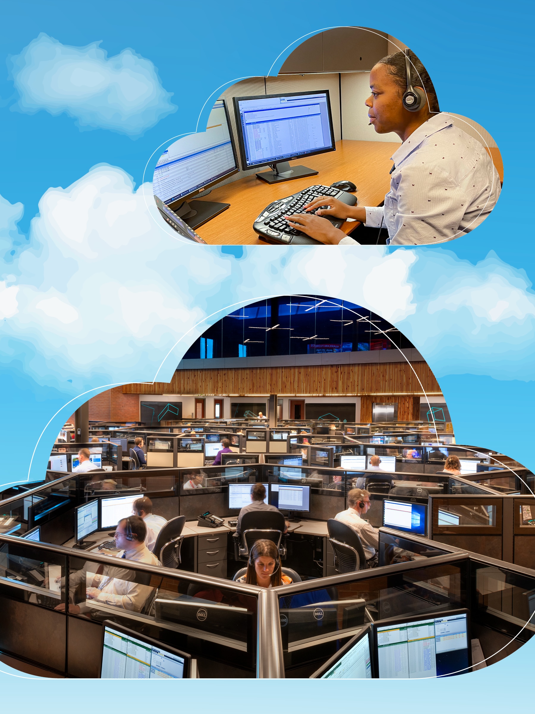 collage of people working with headsets on