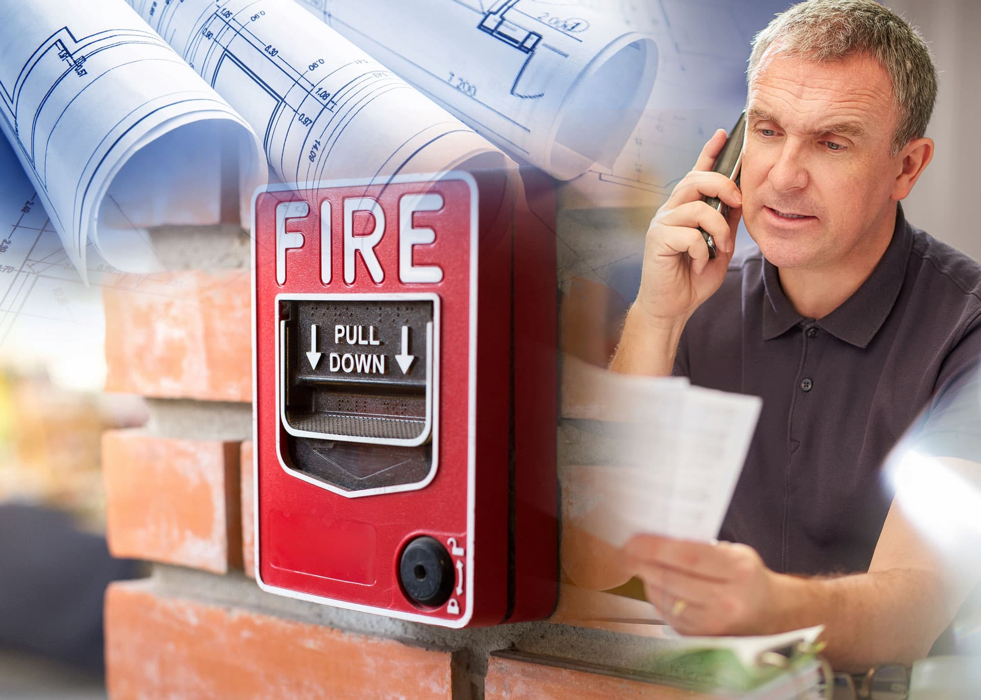 collage of man looking at paperwork on phone with fire alarm on a brick wall