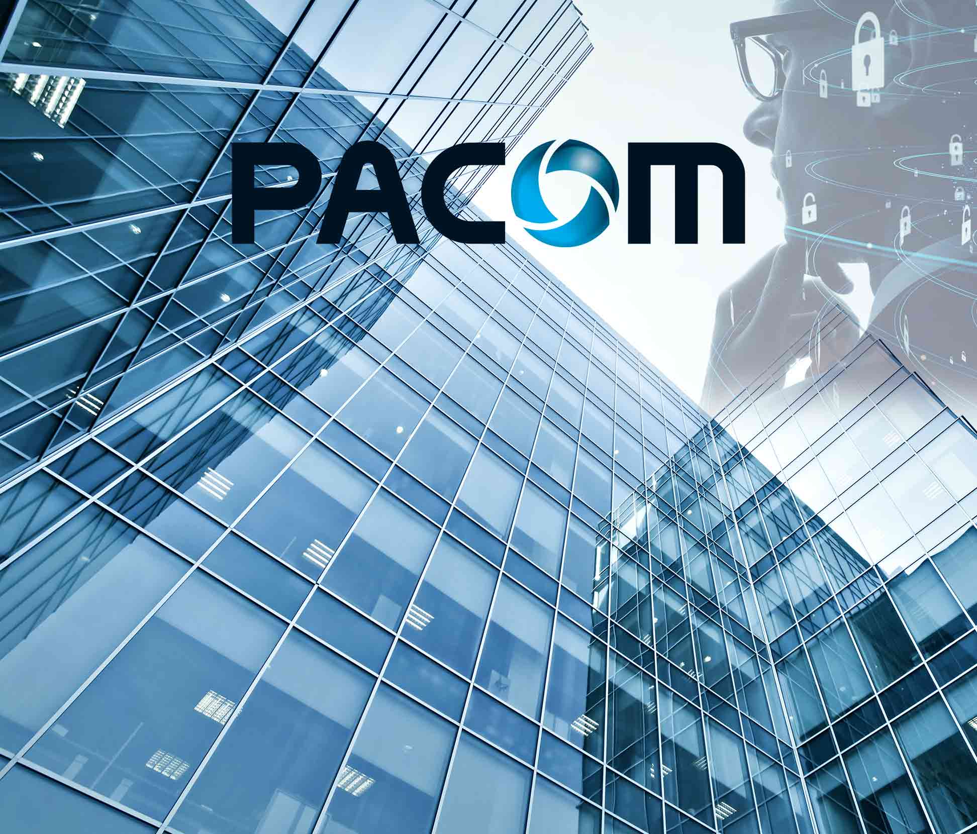 pacom logo with building in the background