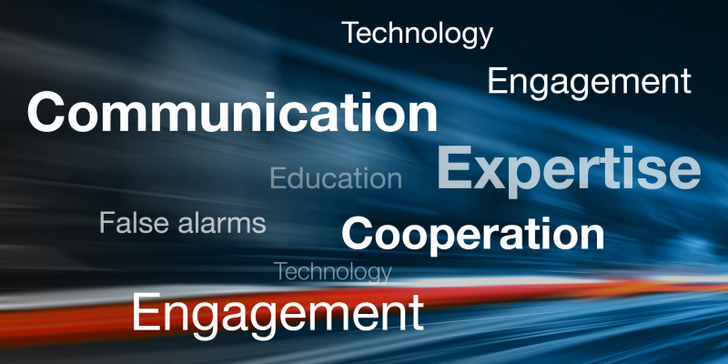 graphic saying communication, technology, engagement, education, expertise, false alarms, cooperation, technology, engagement