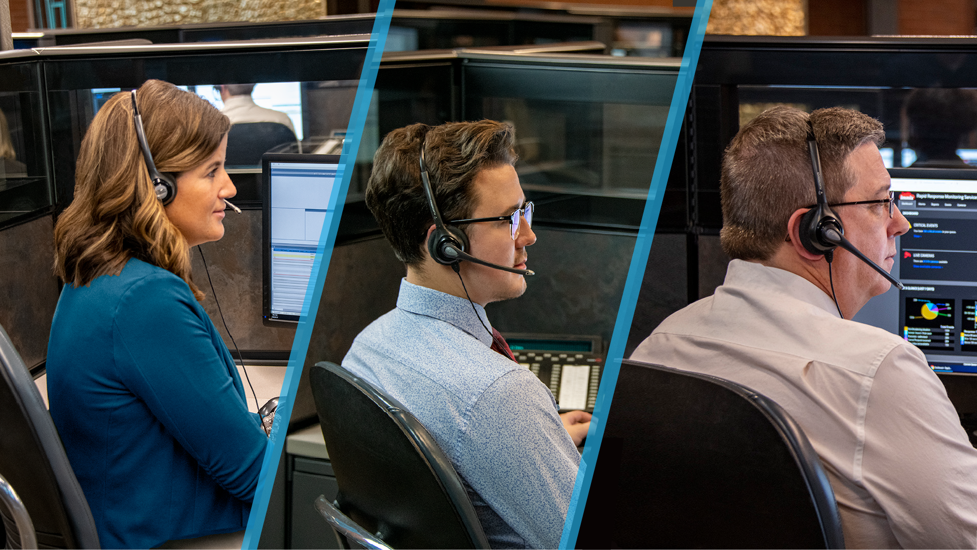 collage of three people at work with headsets on monitoring security information