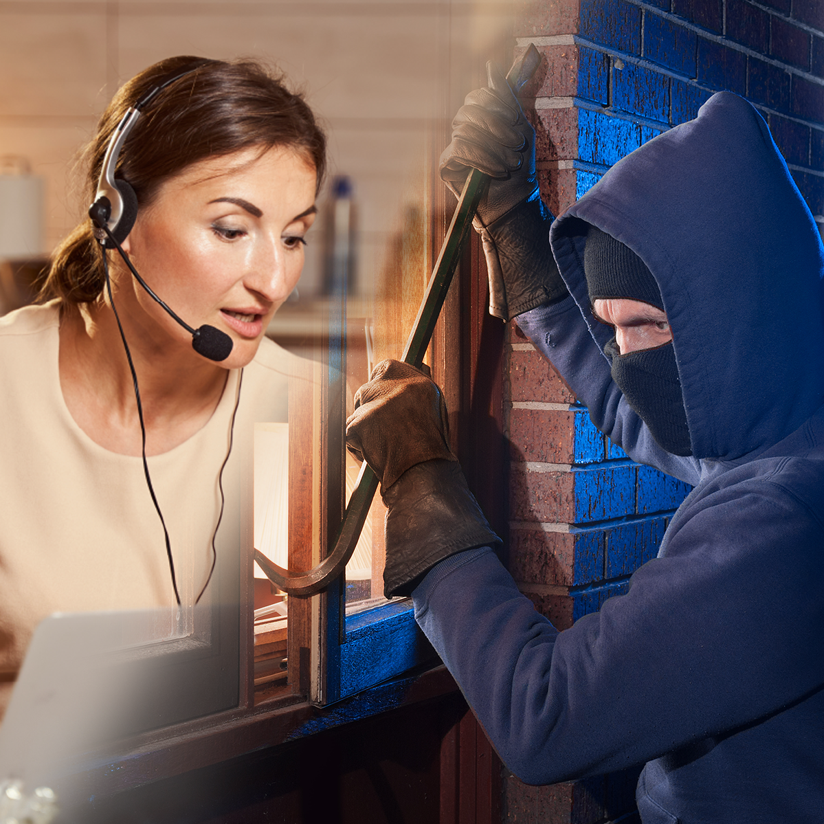 A split image of a worker on her headset, and the other half is a man breaking into a home with a crowbar.