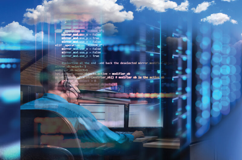 graphic of man on a computer with clouds above him representing hosted monitoring services
