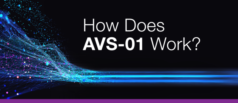A graphic with a digital abstract design on the left and the text "How Does AVS-01 Work?" on the right, featuring a gray background with blue and purple accents. 