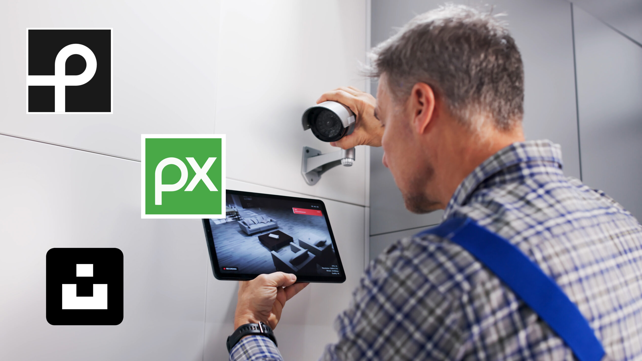 Authentic Security Industry Photography For Marketing And Content Creation Security Camera Technician Reviewing Surveillance Footage On A Tablet While Installing A Security Camera, Representing The Use Of Real-World Photography When Ai-Generated Images Are Not Suitable.